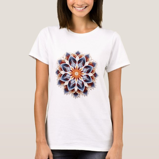 Elegant Blommigt Mandala - Fiery Blue och Guld T Shirt (Framsida)