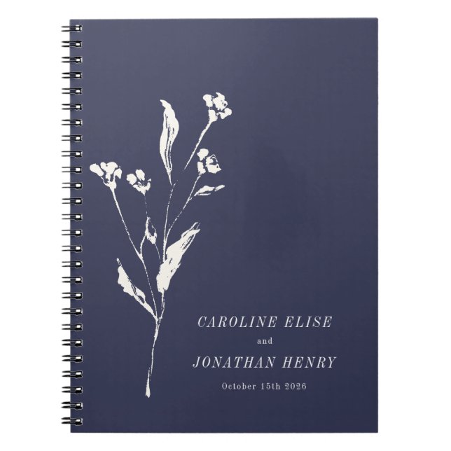 Elegant Blommigt - marinblå Personligt bröllp Anteckningsbok (Framsidan)