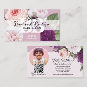 Elegant Blommigt Mauve Hair Salon Stylist Photo QR Visitkort