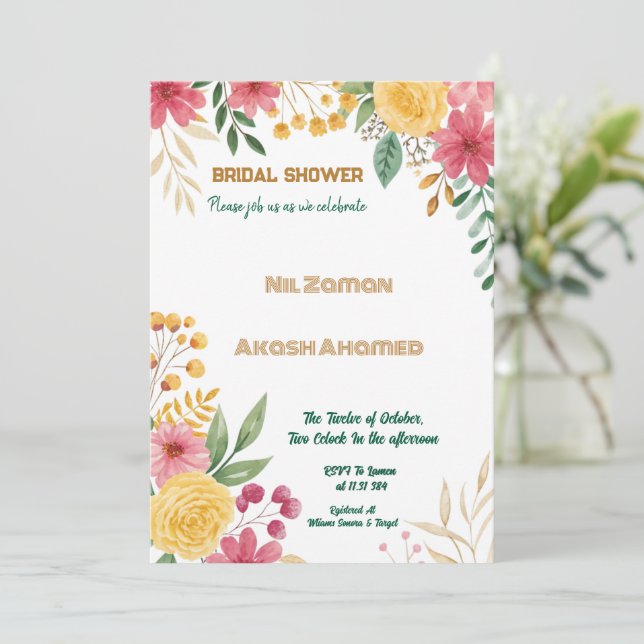 Elegant Blommigt med dubbla Namn Inbjudningskort f (Stående Fram)