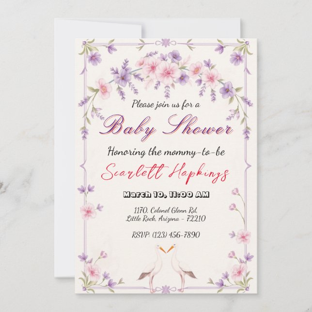 Elegant Blommigt med Stork Baby Shower Inbjudningar (Framsida)