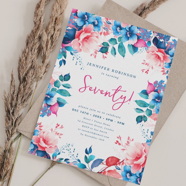 Elegant Blommigt med vattentorg 70:e födelsedag Inbjudningar (Elegant Bright Watercolor Floral 70th Birthday Invitation)