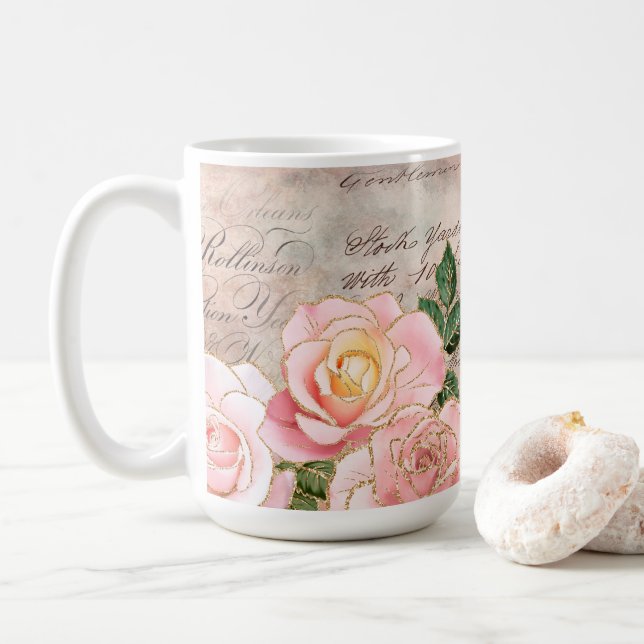 Elegant Blommigt med Vintage och Rosa ros Kaffemugg (Med munk)