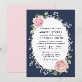 Elegant Blommigt Midnight Blue och Rosa Bröllop Inbjudningar