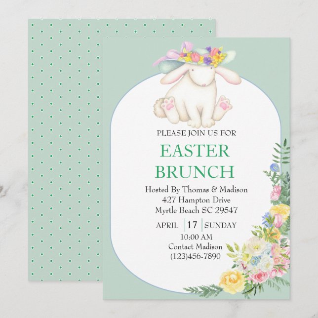 Elegant Blommigt Mint Grönt Påsk Brunch-inbjudan Inbjudningar (Fram/baksida)