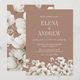 Elegant Blommigt Mocha Brown och White Bröllop Inbjudningar