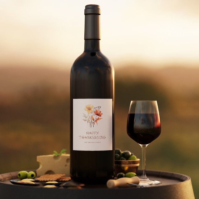 Elegant Blommigt Modern Thanksgiving Party Vinflaska Etikett (Elegant Floral Modern Thanksgiving Party Wine Label)