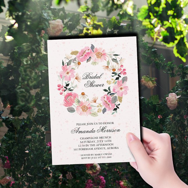 Elegant Blommigt Möhippa av utandning Inbjudningar (Elegant pink garden flowers wreath bridal shower invitations)