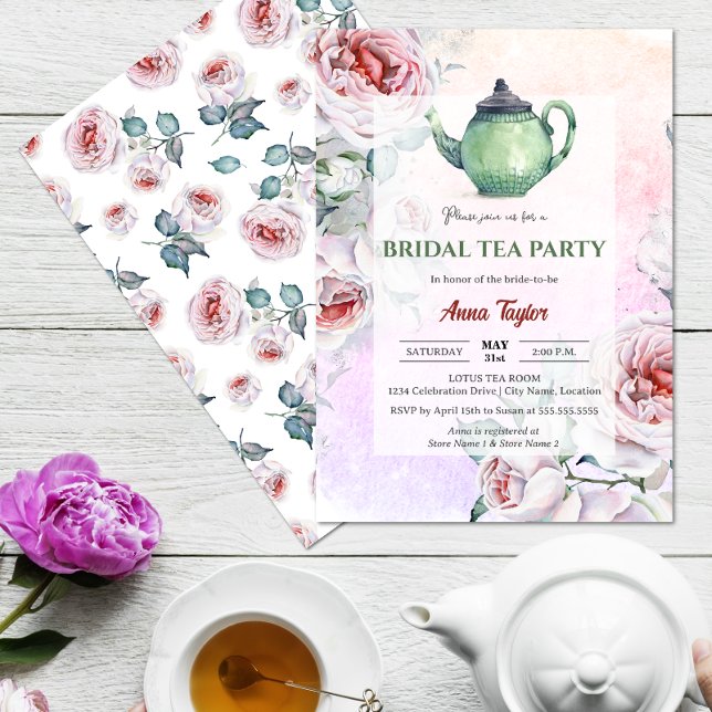 Elegant Blommigt Möhippa Tea Party Inbjudningar (Elegant floral bridal tea party invitation front and back view.)