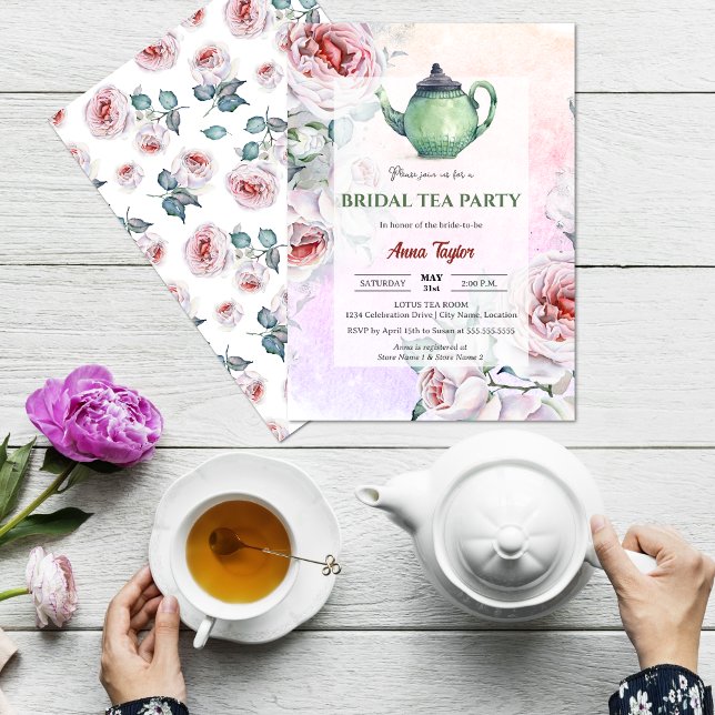 Elegant Blommigt Möhippa Tea Party Inbjudningar (Elegant floral bridal tea party invitation front and back view.)