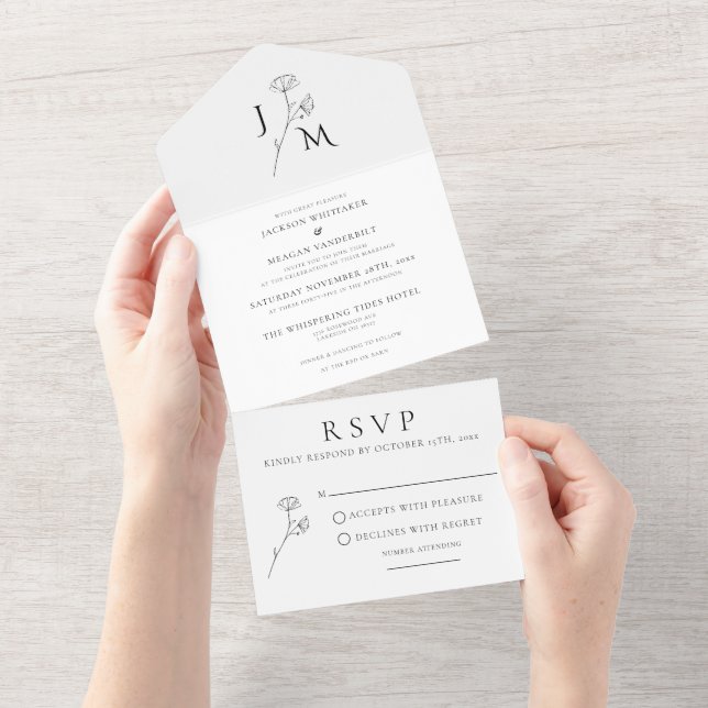 Elegant Blommigt Monogram allt i en bröllopsinbjud (Avrivbar del)