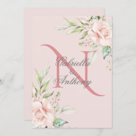 Elegant Blommigt Monogram Initial Rosa Bröllop Inbjudningar