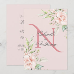 Elegant Blommigt Monogram Initial Rosa Bröllop Inbjudningar