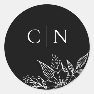 Elegant Blommigt Monogram Initialer Black Bröllop Runt Klistermärke