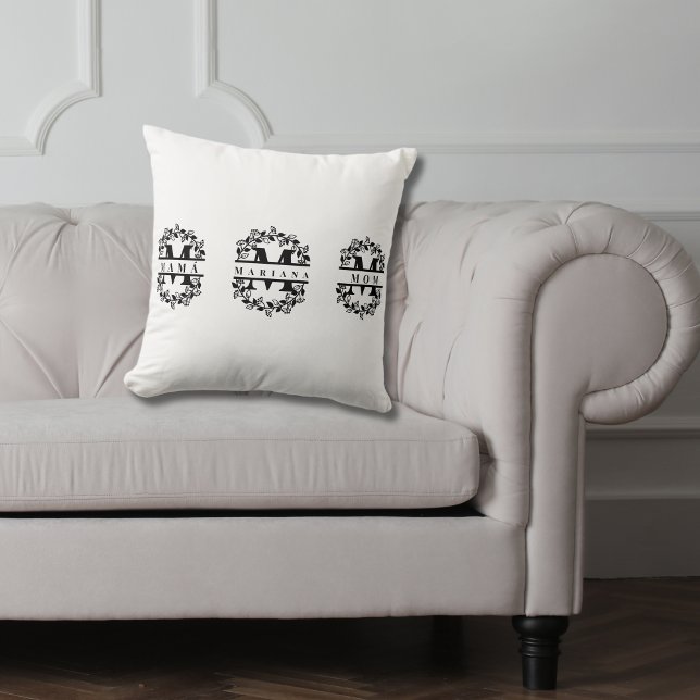 Elegant Blommigt Monogram med text: MAMMA MAMÁ & N Kudde (Mother's day monogram bilingual throw pillow, mama mom & name customizable multilingual project)