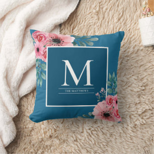 Elegant Blommigt Monogram Ocean Blue Dekorativ kud Kudde