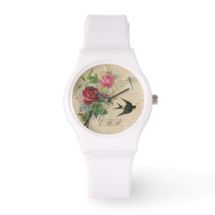 Elegant Blommigt Monogram Rosa ros Bird Dragonfly Armbandsur