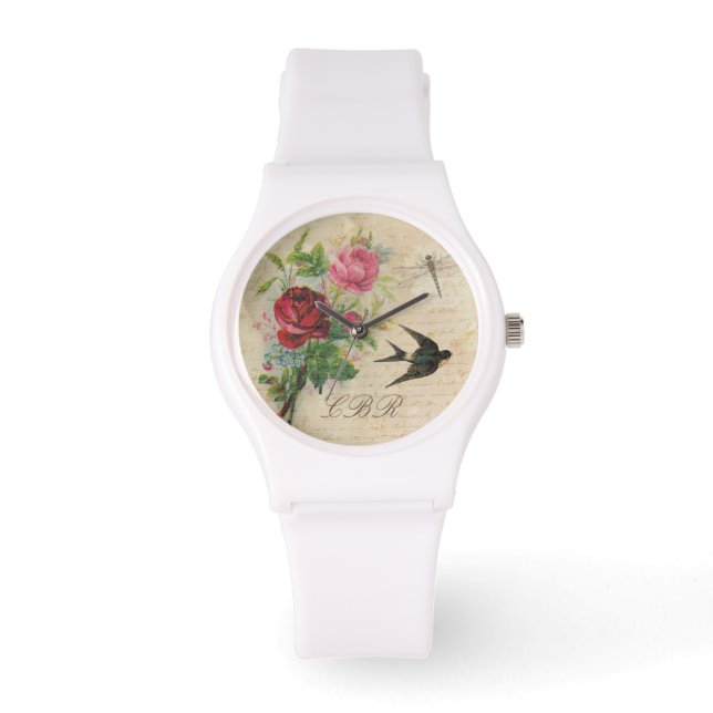 Elegant Blommigt Monogram Rosa ros Bird Dragonfly Armbandsur (Framsida)