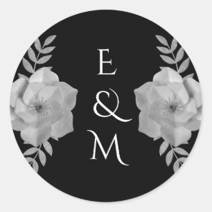 Elegant Blommigt Monogram Silver Glitter Bröllop Runt Klistermärke