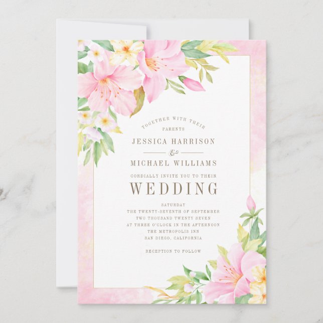 Elegant Blommigt Monogram Vattenfärgen Rosa Bröllo Inbjudningar (Framsida)
