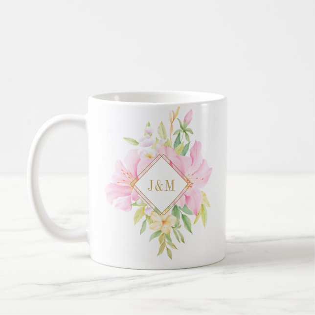Elegant Blommigt Monogram Vattenfärgen Rosa Bröllo Kaffemugg (Vänster)