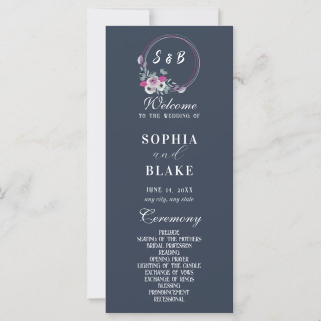 Elegant Blommigt Monogrammed Blue-Bröllopsprogram (Framsida)