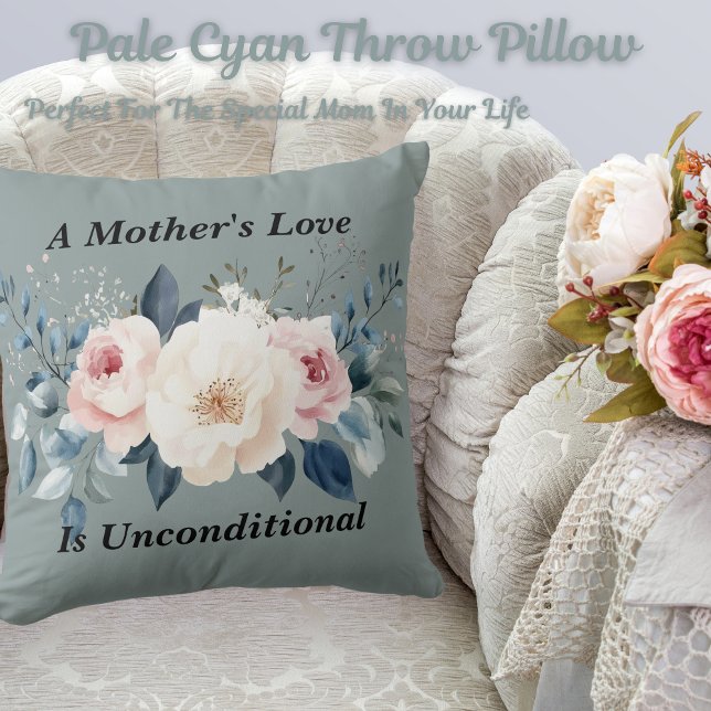 Elegant Blommigt Mor Kärlek Blek Cyan Cyan Kudde (Get this beautiful pale cyan throw pillow! Perfect for the special mom in your life.)