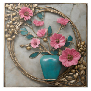 Elegant Blommigt Mosaic med Turquise Vas Kakelplatta