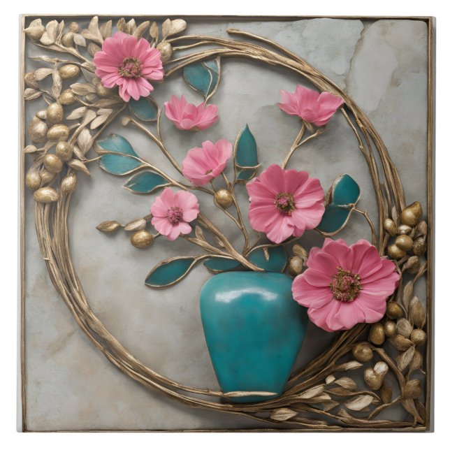 Elegant Blommigt Mosaic med Turquise Vas Kakelplatta (Framsidan)