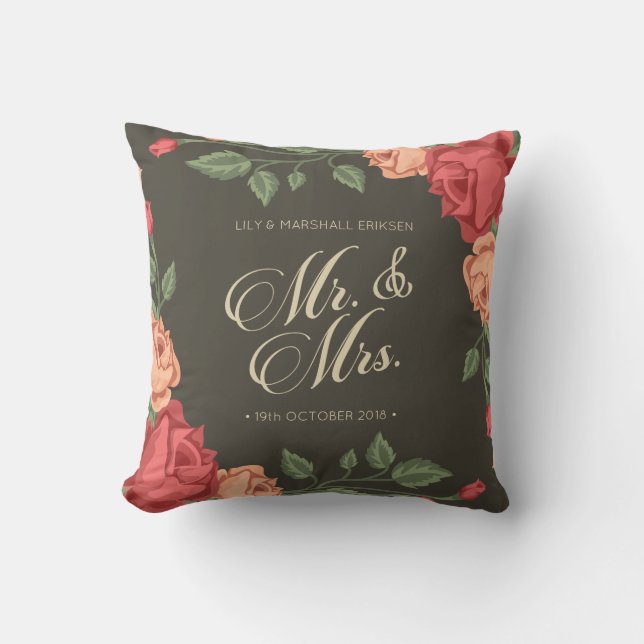 Elegant Blommigt Mr. & Mrs. Bröllop | Dekorativ ku Kudde (Framsida)