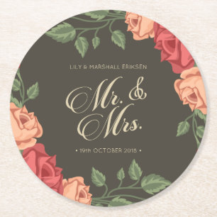 Elegant Blommigt Mr. & Mrs. Bröllop Papper Unde Underlägg Papper Rund