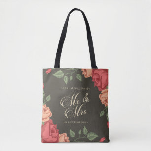 Elegant Blommigt Mr. & Mrs. Bröllop Tote Bag Tygkasse