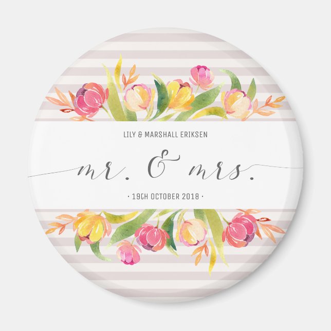 Elegant Blommigt Mr & Mrs Bröllop | Tröskelvärde Magnet (Framsidan)