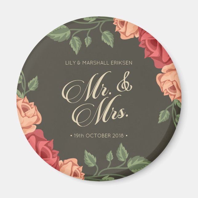 Elegant Blommigt Mr & Mrs Bröllop | Tröskelvärde Magnet (Framsidan)