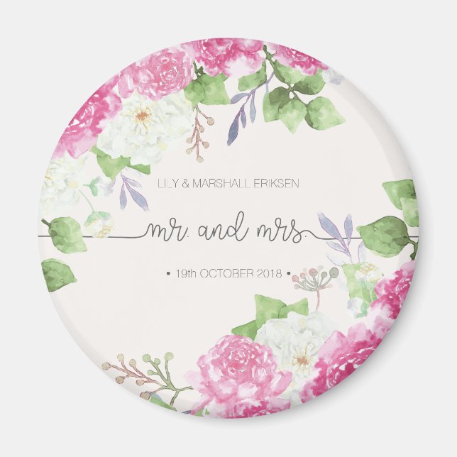 Elegant Blommigt Mr & Mrs Bröllop | Tröskelvärde Magnet (Framsidan)