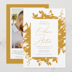 Elegant Blommigt Mustard Gult QR-kod Bröllop Inbjudningar