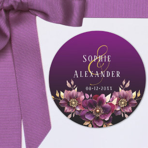 Elegant Blommigt Namn Datum Bröllop-anteckning Runt Klistermärke