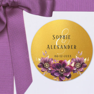 Elegant Blommigt Namn Datum Bröllop Golden Sticker Runt Klistermärke