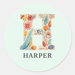 Elegant Blommigt Natur Brev H Personlig Namn Runt Klistermärke