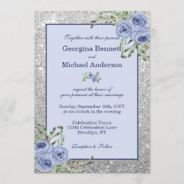 Elegant Blommigt Navy Blue Silver Gnistra Bröllop Inbjudningar