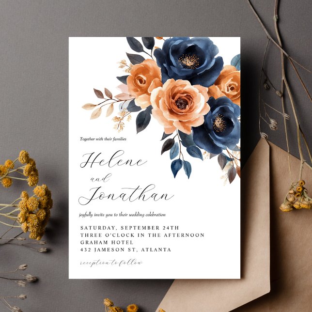 Elegant Blommigt Navy Blue Terracotta Garden Weddi Inbjudningar (Elegant Floral Navy Blue Terracotta Garden Wedding Invitation)