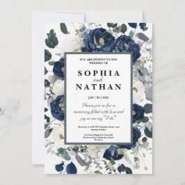 Elegant Blommigt Navy & White Bröllop Inbjudningar