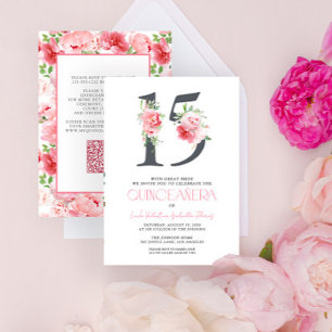 Elegant Blommigt nummer 15 Rosa QR Quinceañera Inbjudningar