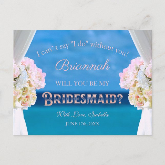 Elegant Blommigt Ocean Beach Rosegold Bridesmaid Inbjudan Vykort (Framsida)