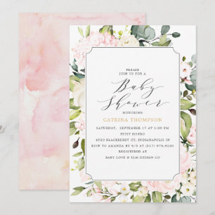 Elegant Blommigt och Eucalyptus Baby Shower Inbjudningar