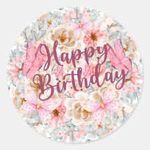 Elegant Blommigt och fjäril Birthday Sticker
