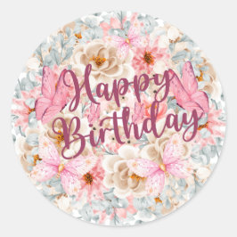 Elegant Blommigt och fjäril Birthday Sticker Runt Klistermärke