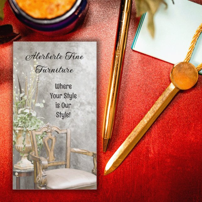 Elegant Blommigt och Lodrät Finare ordförande Visitkort (Elegant business card with a chair and floral arrangement will be perfect for furniture stores.)
