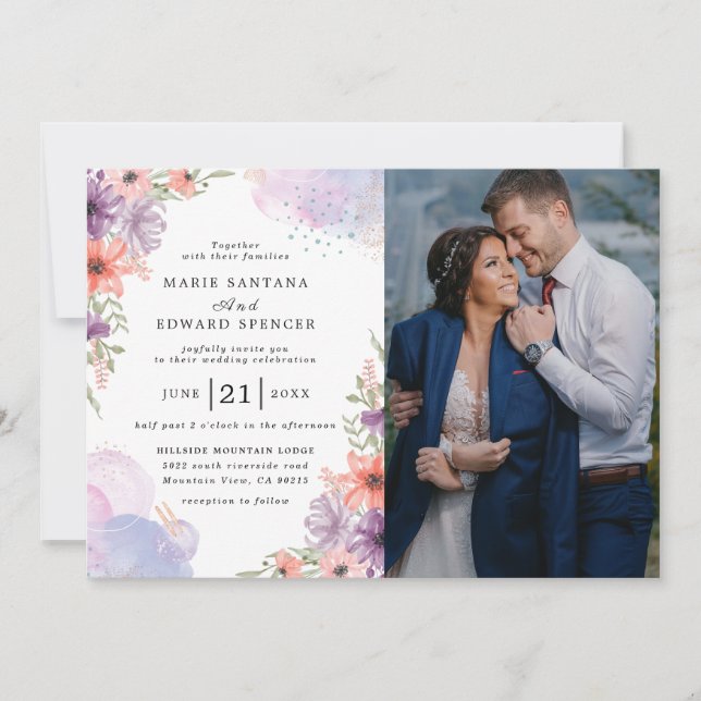 Elegant Blommigt och par foto bröllop Inbjudningar (Framsida)