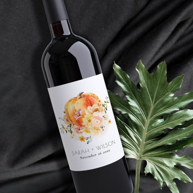 Elegant Blommigt Orange Hösten Pumpkin Bröllop Vinflaska Etikett (Skapare uppladdad)